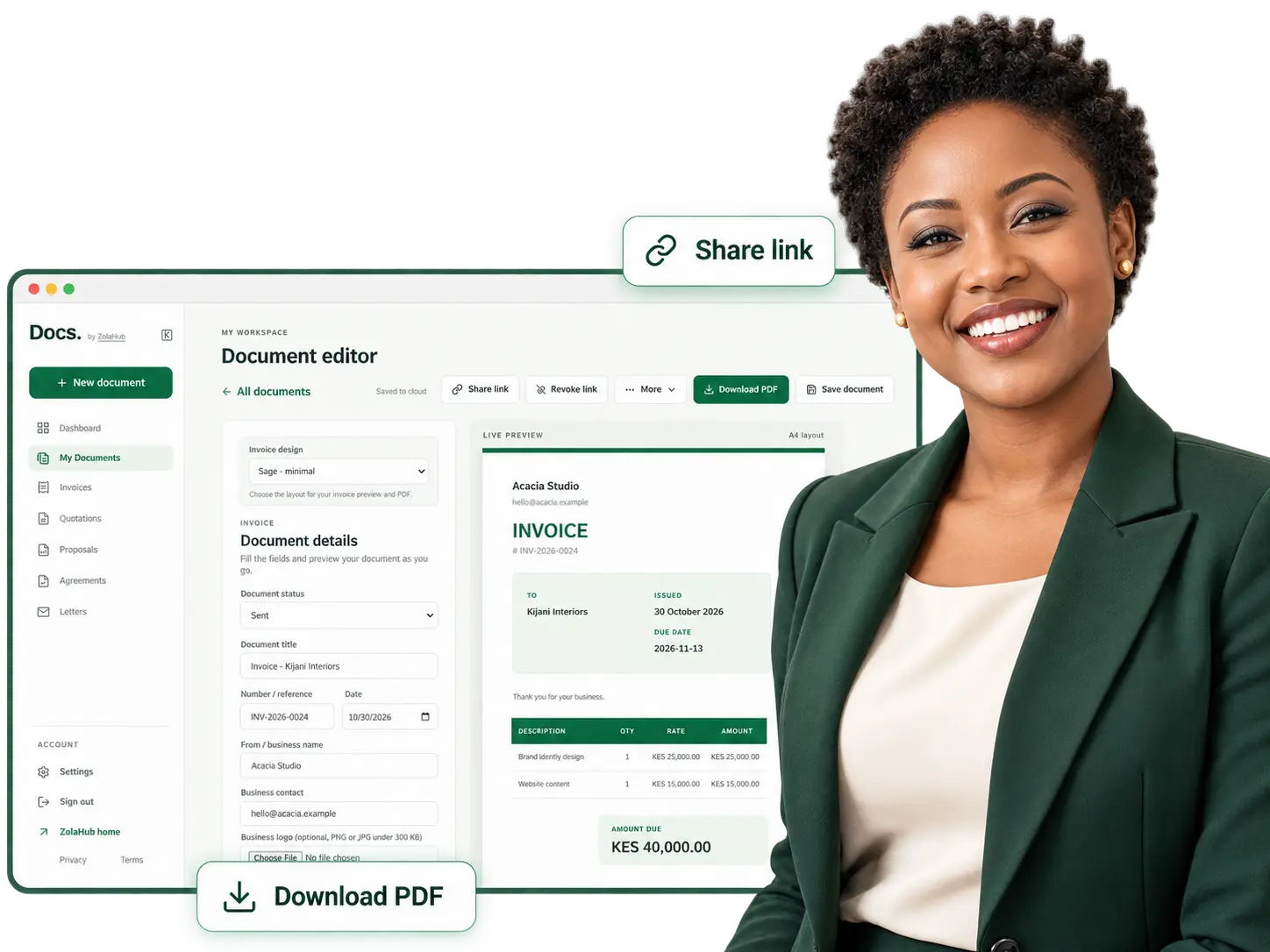 Businesswoman alongside the Docs document editor, with PDF download and sharing highlighted.