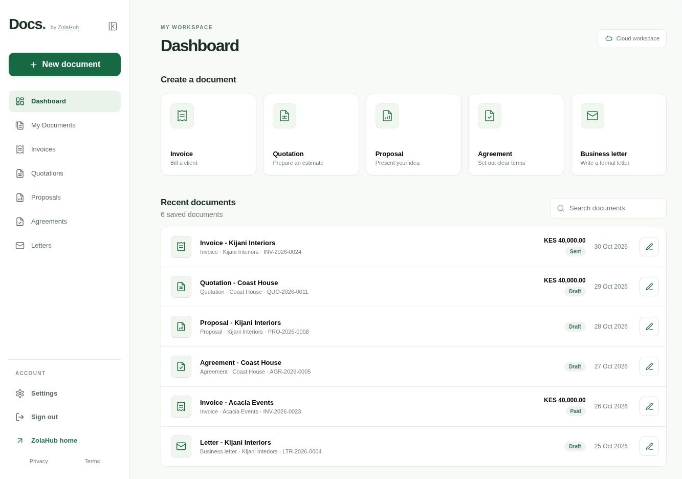 Docs dashboard with document creation shortcuts and recent saved documents.