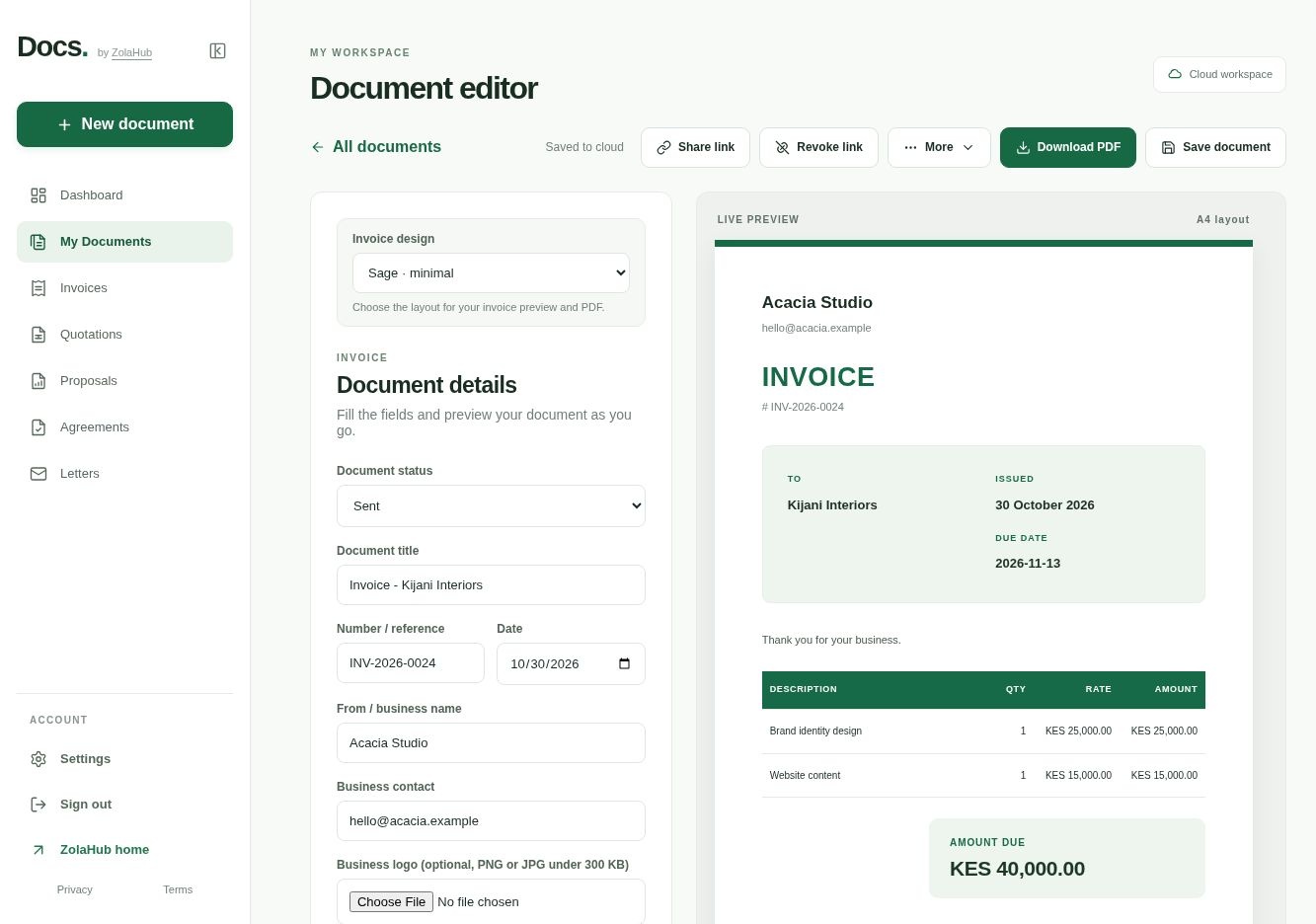 The Docs invoice editor with business details and a live invoice preview.