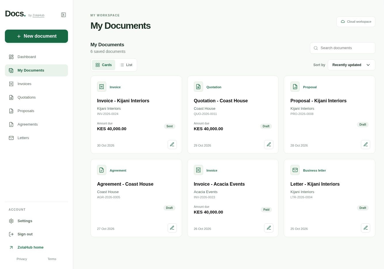 My Documents in Docs showing cards for invoices, quotations, proposals, agreements and letters.