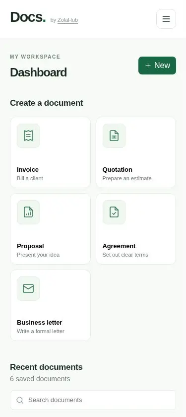 The Docs dashboard on mobile, with invoice, quotation, proposal, agreement and letter creation shortcuts.